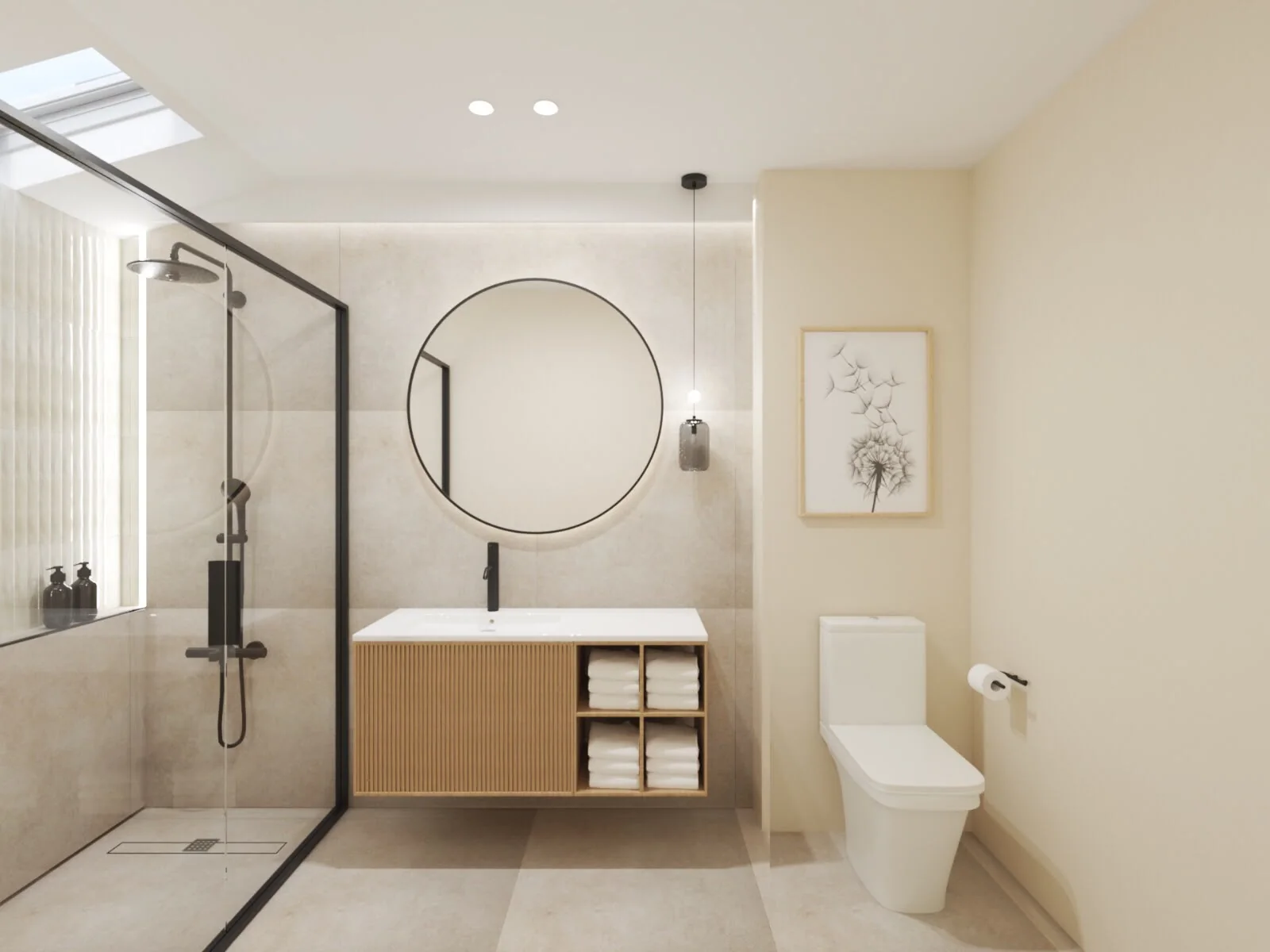 Render 3D de un baño con ducha de obra y mueble de madera